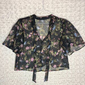 Forever 21 Women's Black Floral with Neck Tie Short Sleeve Cropped Blouse Size S